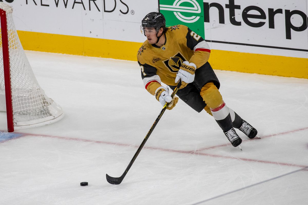 Las Vegas Golden Knights defenseman Zach Whitecloud (2) skates the around the goal during NHL game against Utah Hockey Club on Saturday November 2, 2024 in Las Vegas. Las Vegas Golden Knights defenseman Zach Whitecloud (2) skates the around the goal during NHL game against Utah Hockey Club on Saturday November 2, 2024 in Las Vegas.