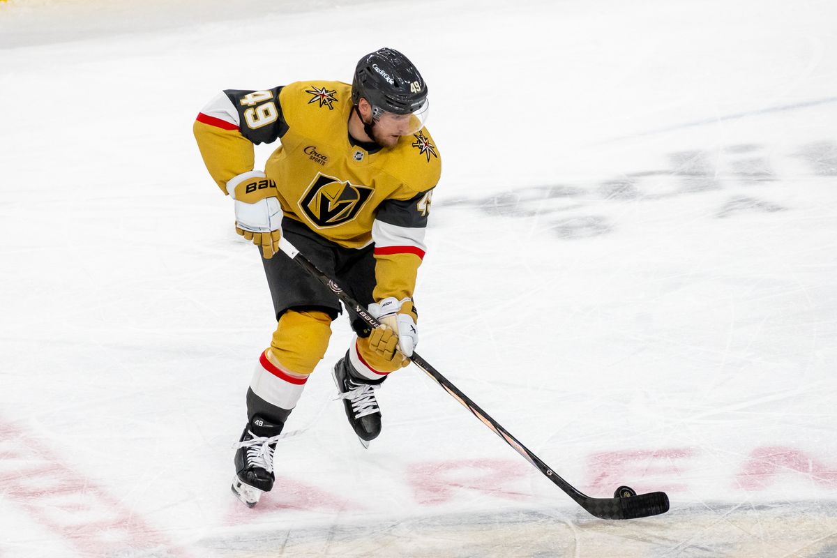 Las Vegas Golden Knights center Ivan Barbashev (49) looks to pass the puck during an NHL game against Utah Hockey Club on Saturday November 2, 2024 in Las Vegas. Las Vegas Golden Knights center Ivan Barbashev (49) looks to pass the puck during an NHL game against Utah Hockey Club on Saturday November 2, 2024 in Las Vegas.