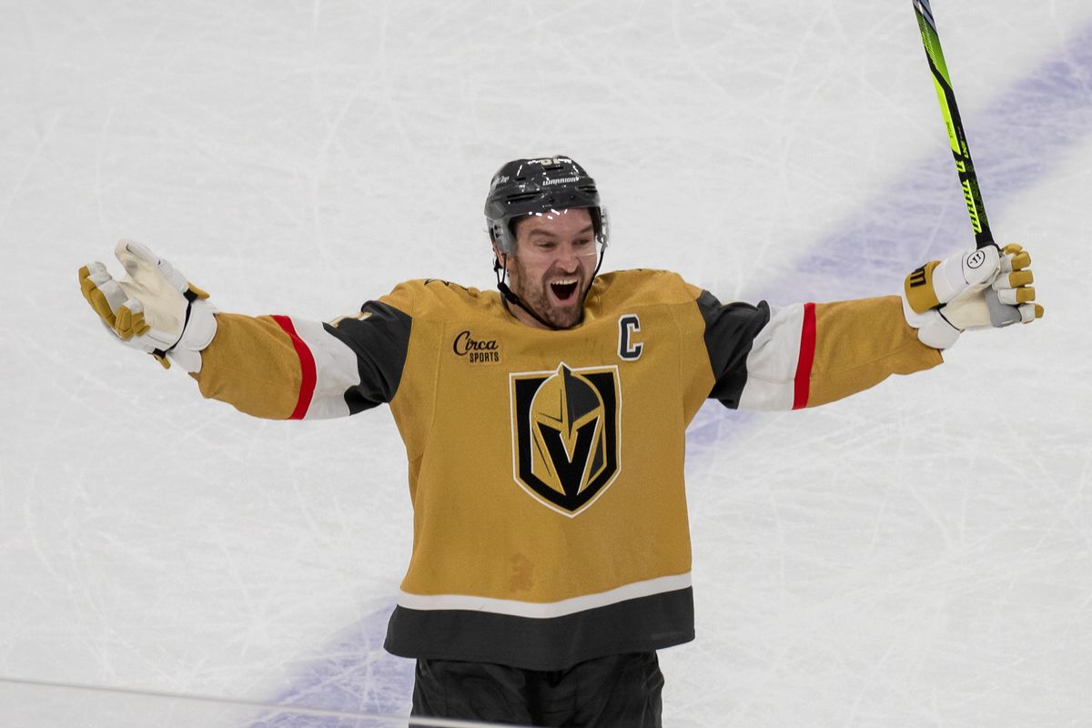Las Vegas Golden Knights captain Mark Stone (61) celebrates after his teammate scores the winning goal in overtime during an NHL game against Utah Hockey Club on Saturday November 2, 2024 in Las Vegas. Las Vegas Golden Knights captain Mark Stone (61) celebrates after his teammate scores the winning goal in overtime during an NHL game against Utah Hockey Club on Saturday November 2, 2024 in Las Vegas.