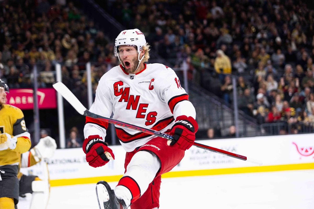 Carolina Hurricanes Center Jordan Staal (11) celebrates after scoring a short-handed goal during an NHL game between the Las Vegas Golden Knights and the Carolina Hurricanes, Monday November 11 2024 in Las Vegas, Nev.