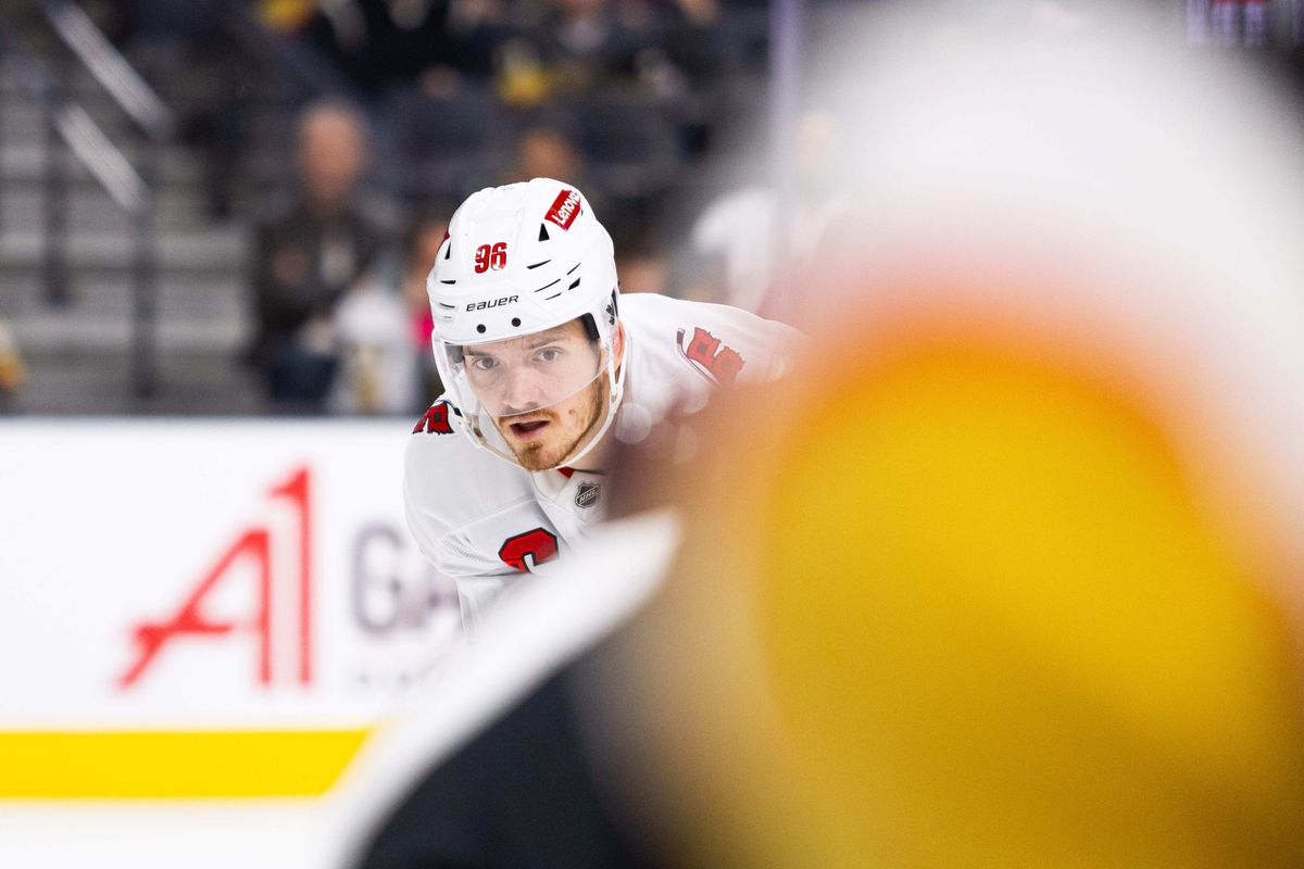 Carolina Hurricanes Center Jack Roslovic (96) waits for the puck to be dropped before a face-off during an NHL game between the Las Vegas Golden Knights and the Carolina Hurricanes, Monday November 11 2024 in Las Vegas, Nev.
