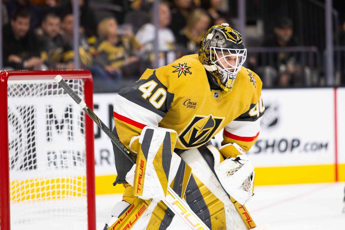Las Vegas Golden Knights Goalie Akira Schmid (40) waits for the puck to drop before a face-off during an NHL game between the Las Vegas Golden Knights and the Carolina Hurricanes, Monday November 11, 2024 in Las Vegas, Nev.