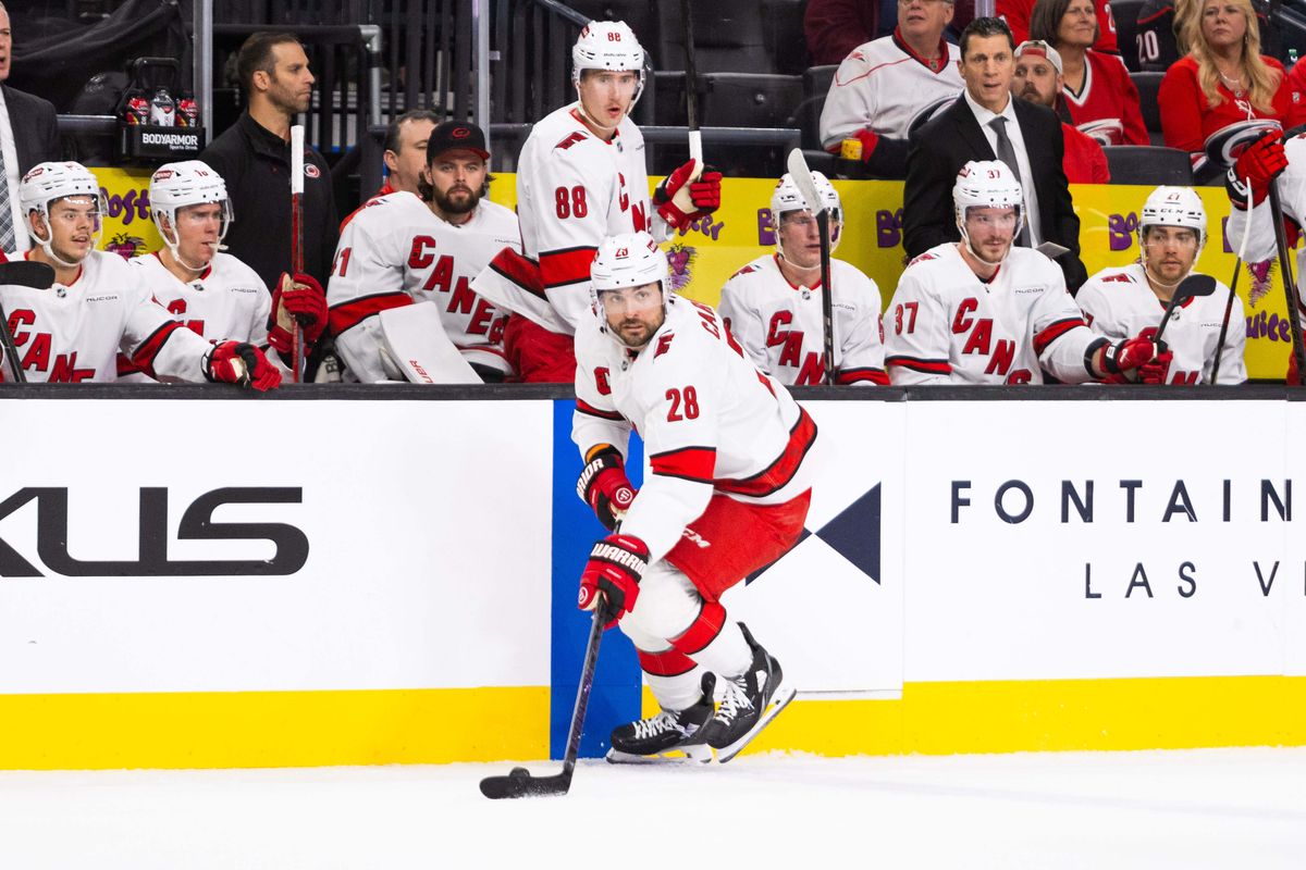  Carolina Hurricanes Left-Wing William Carrier (28) skates the puck up the ice during an NHL game between the Las Vegas Golden Knights and the Carolina Hurricanes, Monday November 11 2024 in Las Vegas, Nev.