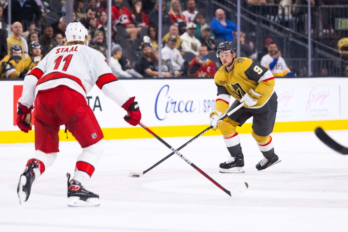 Las Vegas Golden Knights Center Jack Eichel (9) skates the puck up the ice during an NHL game between the Las Vegas Golden Knights and the Carolina Hurricanes, Monday November 11, 2024 in Las Vegas, Nev.