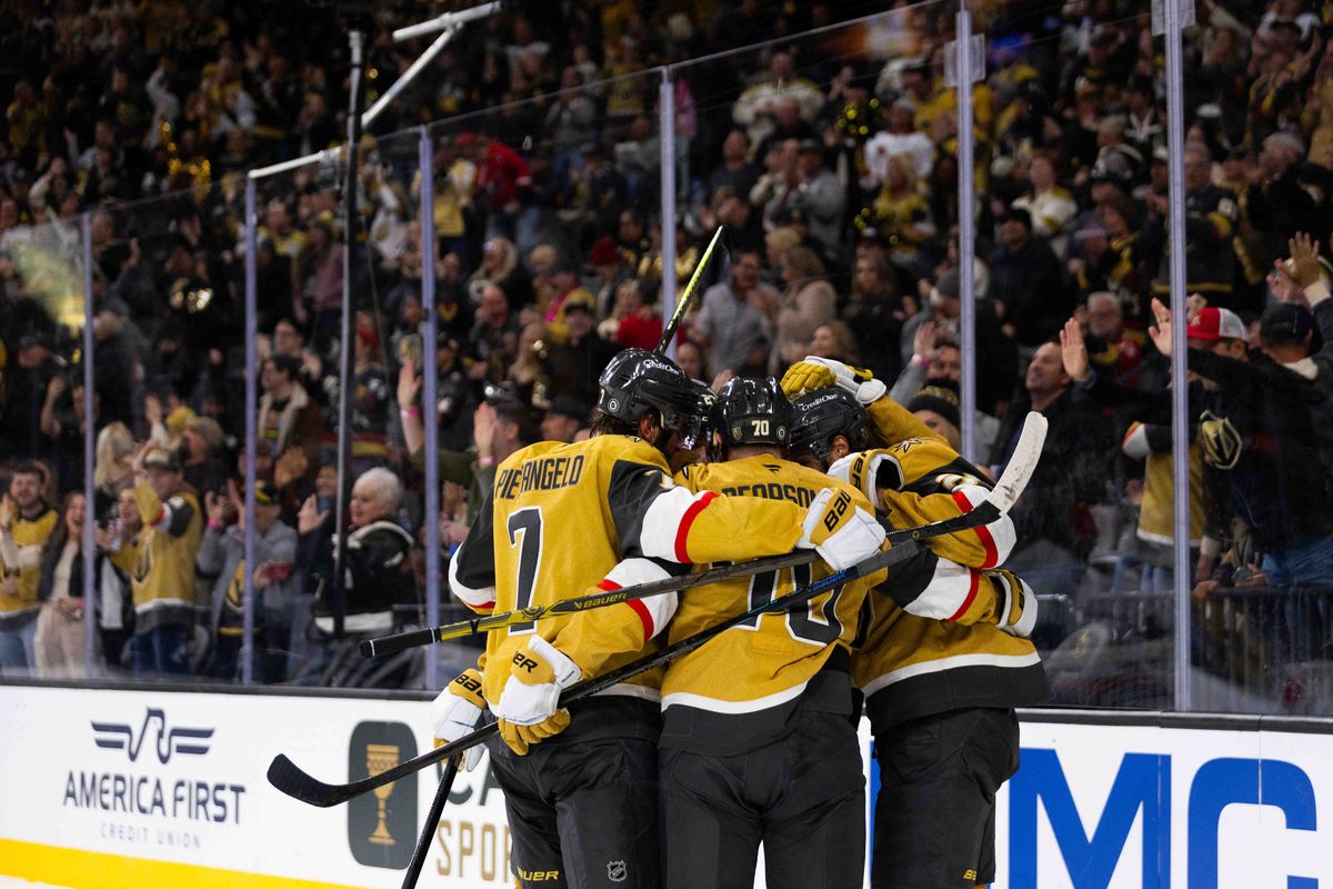 Las Vegas Golden Knights embrace and celebrate after scoring during an NHL game between the Las Vegas Golden Knights and the Washington Capitals, Sunday November 17, 2024 in Las Vegas, Nev. Las Vegas Golden Knights embrace and celebrate after scoring during an NHL game between the Las Vegas Golden Knights and the Washington Capitals, Sunday November 17, 2024 in Las Vegas, Nev.