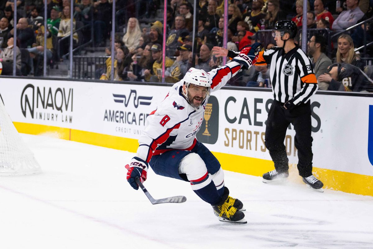 Washington Capitals right-wing Alexander Ovechkin (8) celebrates after scoring his second goal of the game during an NHL game between the Las Vegas Golden Knights and the Washington Capitals, Sunday November 17, 2024 in Las Vegas, Nev. Washington Capitals right-wing Alexander Ovechkin (8) celebrates after scoring his second goal of the game during an NHL game between the Las Vegas Golden Knights and the Washington Capitals, Sunday November 17, 2024 in Las Vegas, Nev.