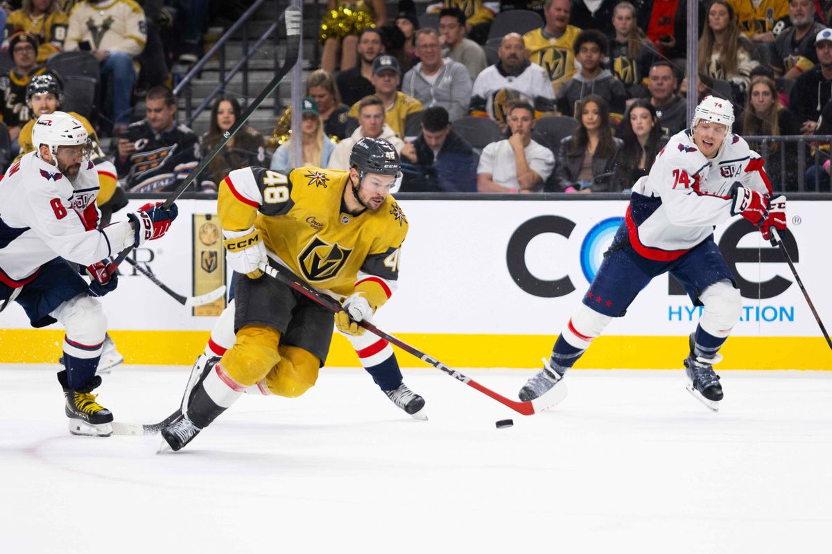 Las Vegas Golden Knights center Tomas Hertl (48) looks to shoot a bouncing puck during an NHL game between the Las Vegas Golden Knights and the Washington Capitals, Sunday November 17, 2024 in Las Vegas, Nev. Las Vegas Golden Knights center Tomas Hertl (48) looks to shoot a bouncing puck during an NHL game between the Las Vegas Golden Knights and the Washington Capitals, Sunday November 17, 2024 in Las Vegas, Nev.