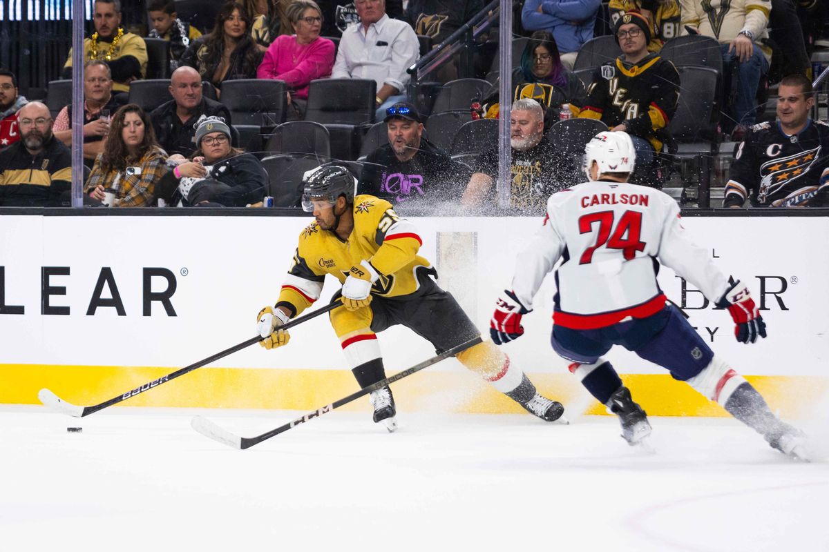 Las Vegas Golden Knights right-wing Keegan Kolesar (55) stops his momentum after skating the puck up the ice during an NHL game between the Las Vegas Golden Knights and the Washington Capitals, Sunday November 17, 2024 in Las Vegas, Nev. Las Vegas Golden Knights right-wing Keegan Kolesar (55) stops his momentum after skating the puck up the ice during an NHL game between the Las Vegas Golden Knights and the Washington Capitals, Sunday November 17, 2024 in Las Vegas, Nev.