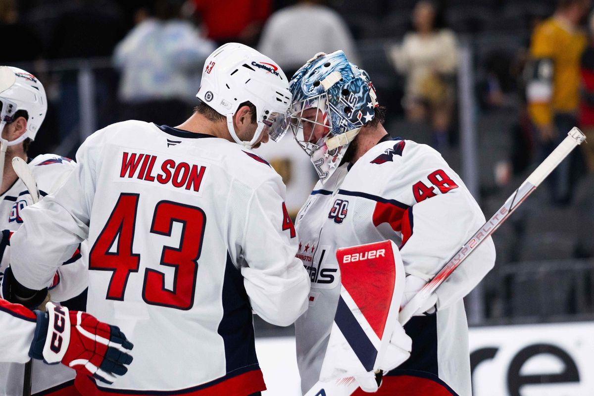 Washington Capitals right-wing Tom Wilson (43) congratulates goalie Logan Thompson (48) after winning his first game returning to Las Vegas after an NHL game between the Las Vegas Golden Knights and the Washington Capitals, Sunday November 17, 2024 in Las Vegas, Nev. Washington Capitals right-wing Tom Wilson (43) congratulates goalie Logan Thompson (48) after winning his first game returning to Las Vegas after an NHL game between the Las Vegas Golden Knights and the Washington Capitals, Sunday November 17, 2024 in Las Vegas, Nev.