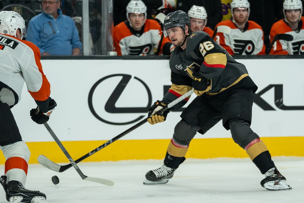 Vegas Golden right wing Alexander Holtz (26) eyes the goal while attempting a shot during NHL game against Philadelphia Flyers on Monday Jan. 2, 2025 in Las Vegas.