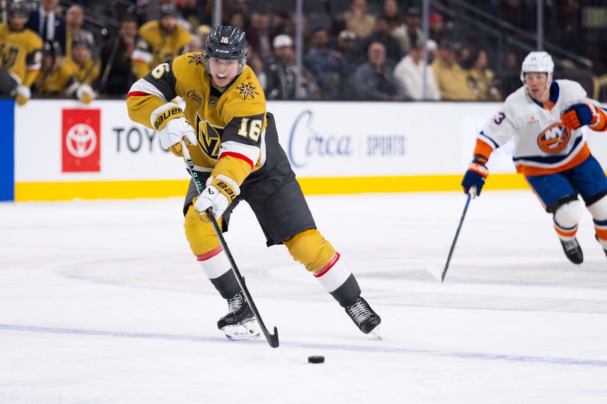 Las Vegas Golden Knights left wing Pavel Dorofeyev (16) skates the puck into the offensive zone during a NHL game between the Las Vegas Golden Knights and the New York Islanders, Thursday January 9, 2025 in Las Vegas, Nev.
