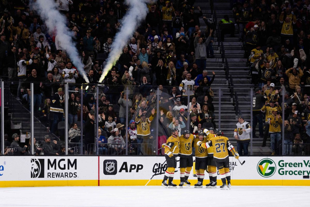 Las Vegas Golden Knights players huddle together after scoring a goal during a NHL game between the Las Vegas Golden Knights and the New York Rangers, Saturday January 11, 2025 in Las Vegas, Nev.