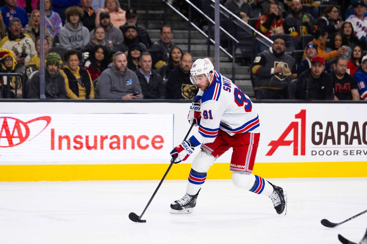 New York Rangers right wing Reilly Smith (91) skates to the net on a breakaway during a NHL game between the Las Vegas Golden Knights and the New York Rangers, Saturday January 11, 2025 in Las Vegas, Nev.