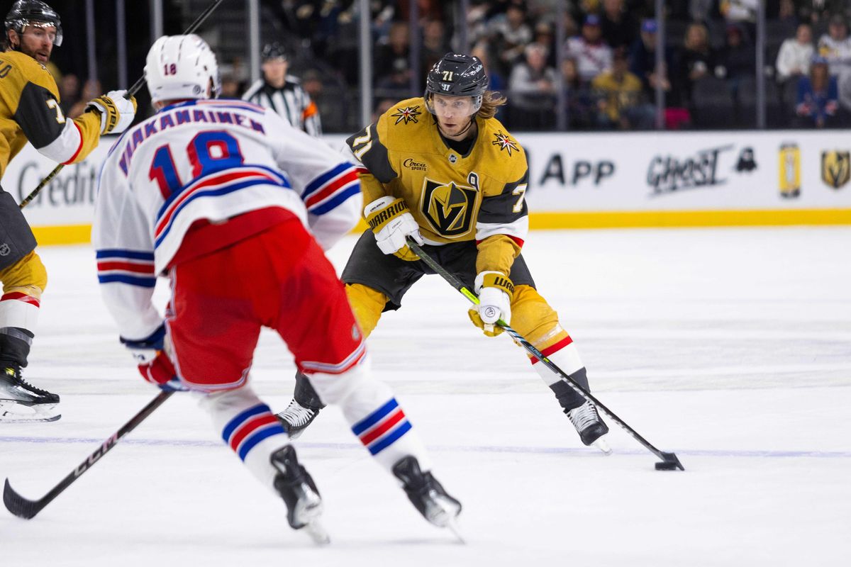 Las Vegas Golden Knights center William Karlsson (71) skates the puck up the ice into the offensive zone during a NHL game between the Las Vegas Golden Knights and the New York Rangers, Saturday January 11, 2025 in Las Vegas, Nev.