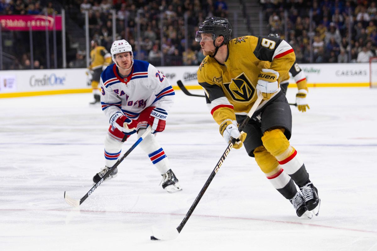 Las Vegas Golden Knights center Jack Eichel (9) skates the puck toward the net during a NHL game between the Las Vegas Golden Knights and the New York Rangers, Saturday January 11, 2025 in Las Vegas, Nev.