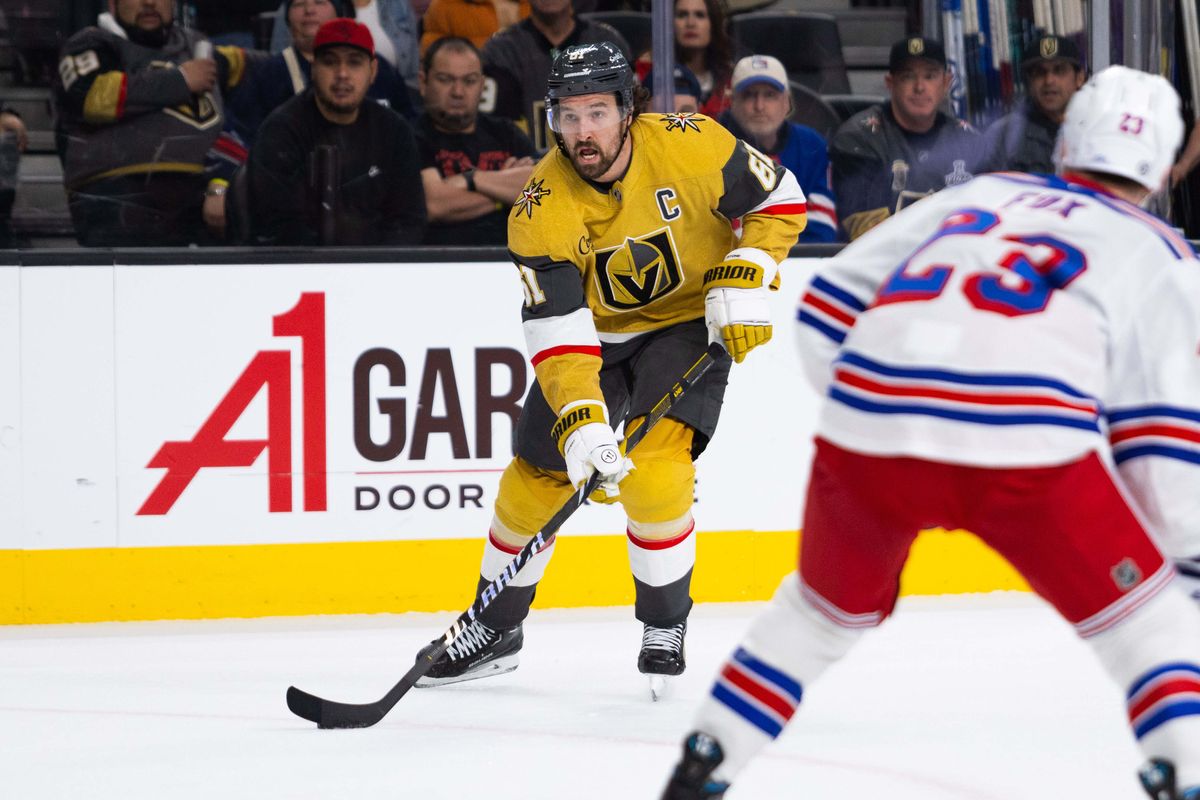 Las Vegas Golden Knights right wing Mark Stone (61) looks to shoot the puck during a NHL game between the Las Vegas Golden Knights and the New York Rangers, Saturday January 11, 2025 in Las Vegas, Nev.