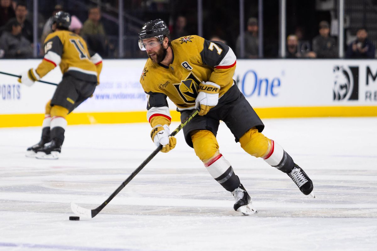 Las Vegas Golden Knights defenseman Alex Pietrangelo (7) skates the puck up the ice during a NHL game between the Las Vegas Golden Knights and the Columbus Blue Jackets, Thursday January 30, 2025 in Las Vegas, Nev.