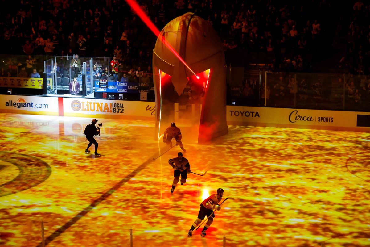 Las Vegas Golden Knights skate out during player introductions before a NHL game between the Las Vegas Golden Knights and the Columbus Blue Jackets, Thursday January 30, 2025 in Las Vegas, Nev.