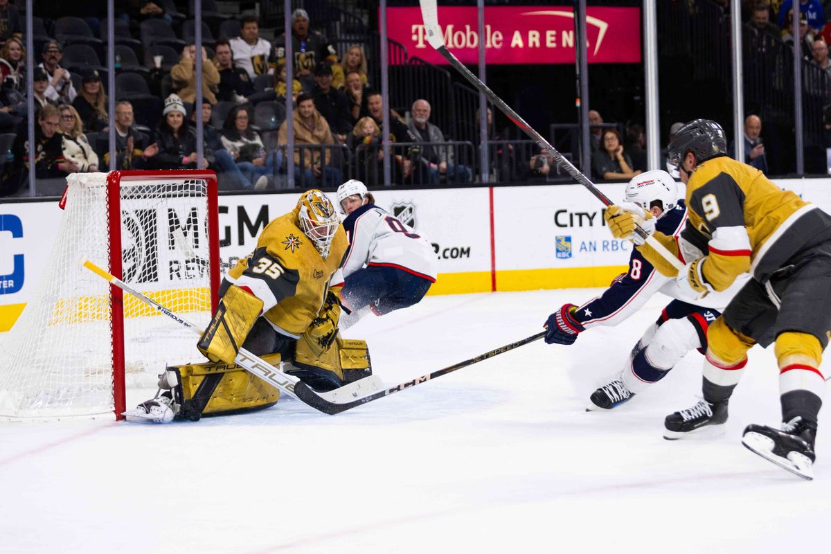 Las Vegas Golden Knights goaltender Illya Samsonov (35) stops a rebound shot in overtime during a NHL game between the Las Vegas Golden Knights and the Columbus Blue Jackets, Thursday January 30, 2025 in Las Vegas, Nev.