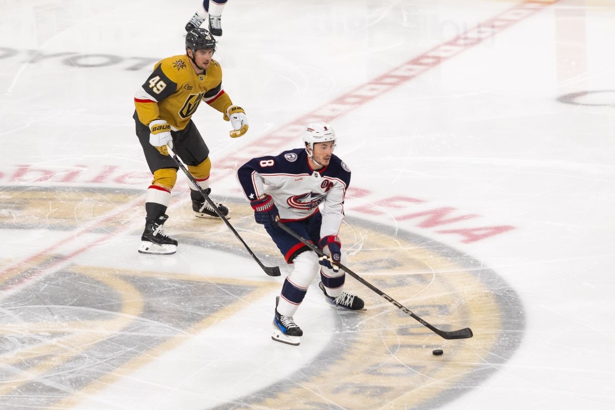 Columbus Blue Jackets defenseman Zach Werenski (8) skates the puck up center ice during a NHL game between the Las Vegas Golden Knights and the Columbus Blue Jackets, Thursday January 30, 2025 in Las Vegas, Nev.