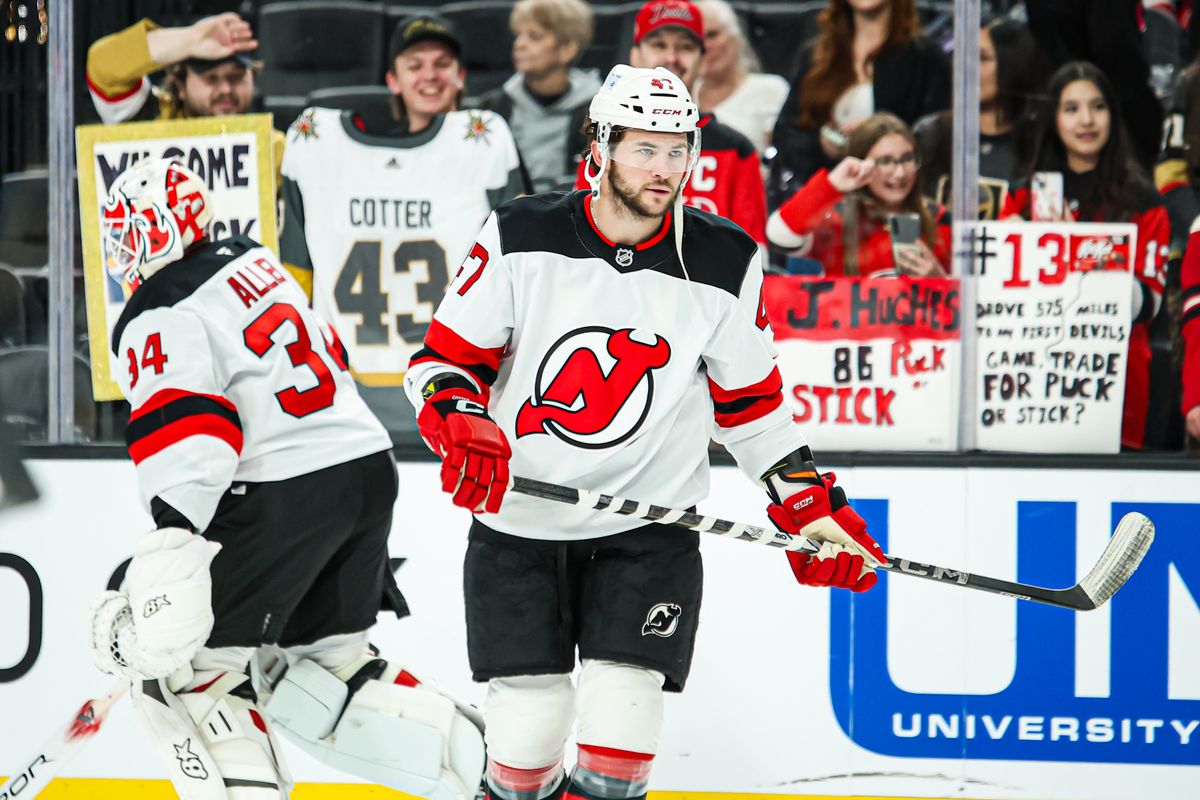 New Jersey Devils C Paul Cotter (47) skates during warmups in his first game back against his former team, the Vegas Golden Knights on Sunday March 02, 2025, at T-Mobile Arena.