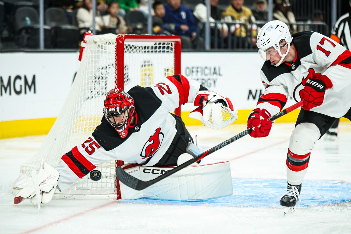 New Jersey Devils G Jacob Markstrom (25) makes a save during the second period of an NHL game against the Vegas Golden Knights on Sunday March 02, 2025, at T-Mobile Arena. 