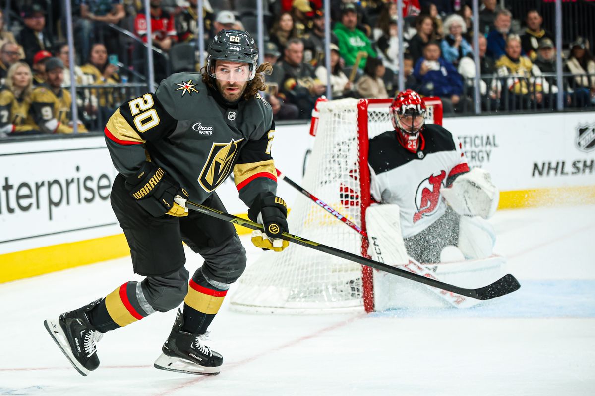 Vegas Golden Knights LW Brandon Saad (20) watches the puck during the second period of an NHL game against the New Jersey Devils on Sunday March 02, 2025, at T-Mobile Arena. 