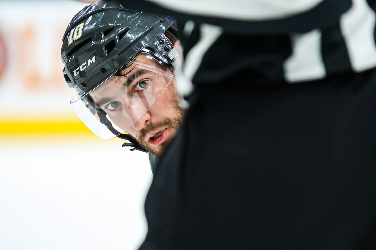 Vegas Golden Knights C Nicolas Roy (10) looks at the puck before a faceoff during the second period of an NHL game against the New Jersey Devils on Sunday March 02, 2025, at T-Mobile Arena. 