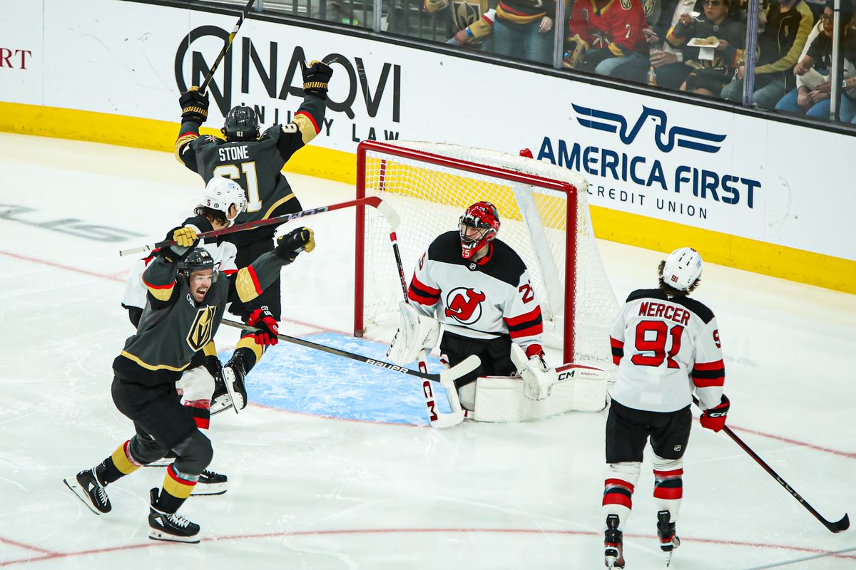 Vegas Golden Knights C Tomas Hertl (48) reacts after his teammate RW Mark Stone (61) scores a goal in the third period against the New Jersey Devils on Sunday March 02, 2025, at T-Mobile Arena. 
