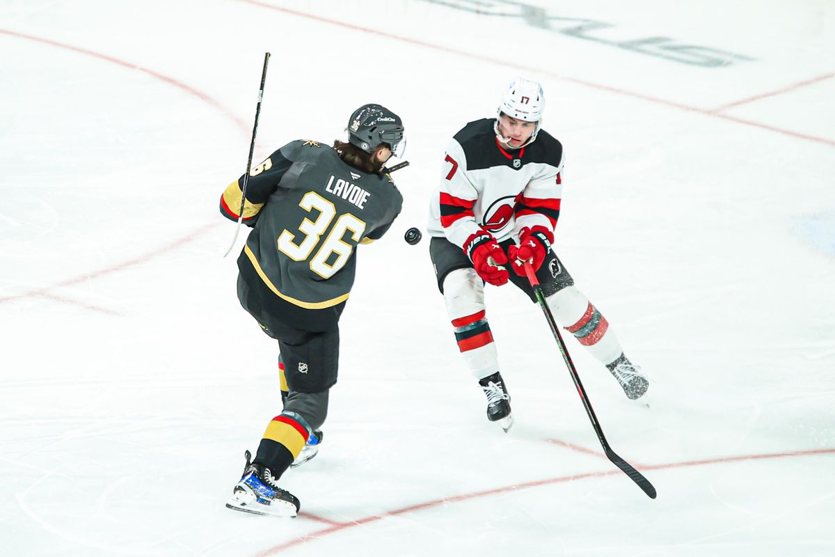 New Jersey Devils D Simon Nemec (17) blocks a shot from Vegas Golden Knights C Raphael Lavoie (36) during the third period of an NHL game on Sunday March 02, 2025, at T-Mobile Arena. 