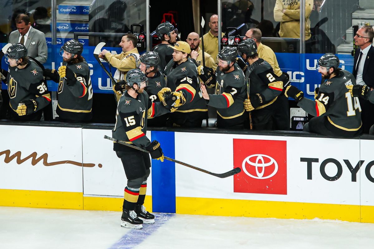 Vegas Golden Knights D Noah Hanifin (15) skates by the bench after scoring a goal during the third period of an NHL game against the New Jersey Devils on Sunday March 02, 2025, at T-Mobile Arena. 