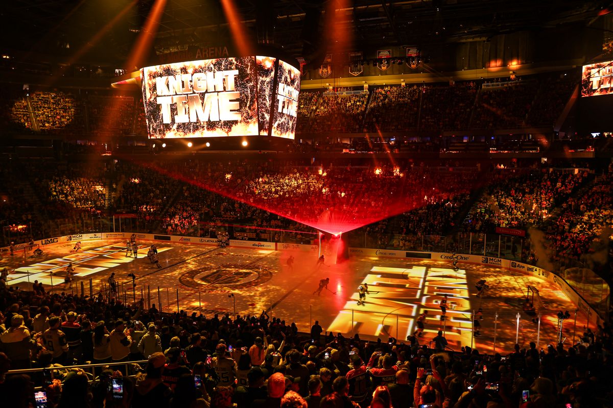 The Vegas Golden Knights skate through the Elvis Helmet prior to an NHL game against the Edmonton Oilers on Tuesday April 01, 2025 at T-Mobile Arena in Las Vegas, Nevada. 