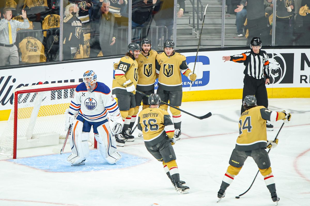Vegas Golden Knights C Nicolas Roy (10) celebrates with his teammates after scoring a goal against the Edmonton Oilers in the first period of an NHL game on Tuesday April 01, 2025 at T-Mobile Arena in Las Vegas, Nevada. 