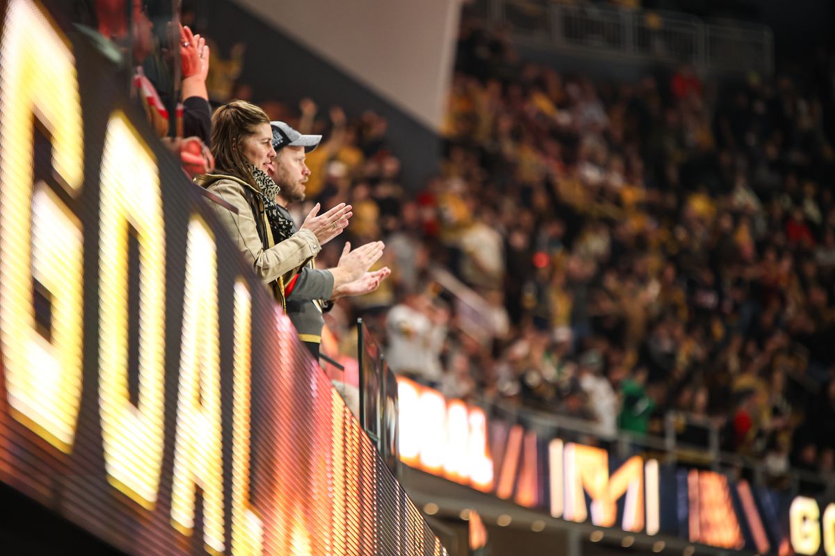 Vegas Golden Knights fans celebrate after a goal is scored in the first period of an NHL game against the Edmonton Oilers on Tuesday April 01, 2025 at T-Mobile Arena in Las Vegas, Nevada. 