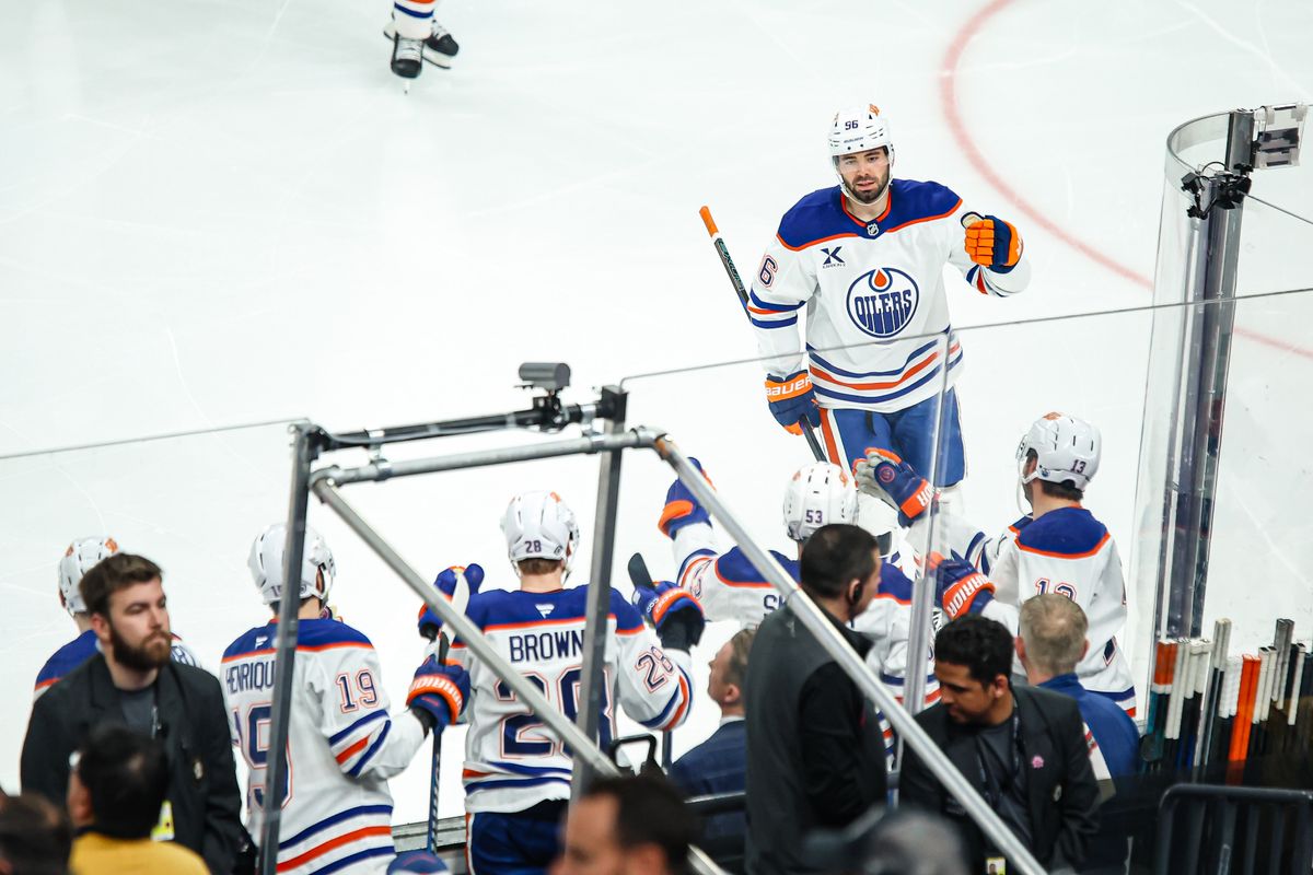 Edmonton Oilers D Jake Walman (96) skates towards the bench after scoring a goal against the Vegas Golden Knights on Tuesday April 01, 2025 at T-Mobile Arena in Las Vegas, Nevada. 