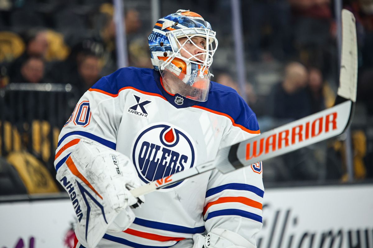 Edmonton Oilers G Calvin Pickard (30) skates prior to the third period of an NHL game against the Vegas Golden Knights on Tuesday April 01, 2025 at T-Mobile Arena in Las Vegas, Nevada. 