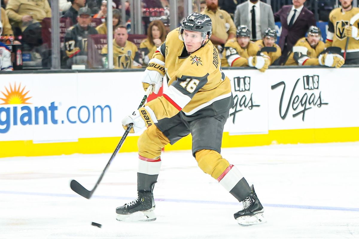 Vegas Golden Knights LW Pavel Dorofeyev (16) scores a goal against the Edmonton Oilers during the third period of an NHL game on Tuesday April 01, 2025 at T-Mobile Arena in Las Vegas, Nevada. 