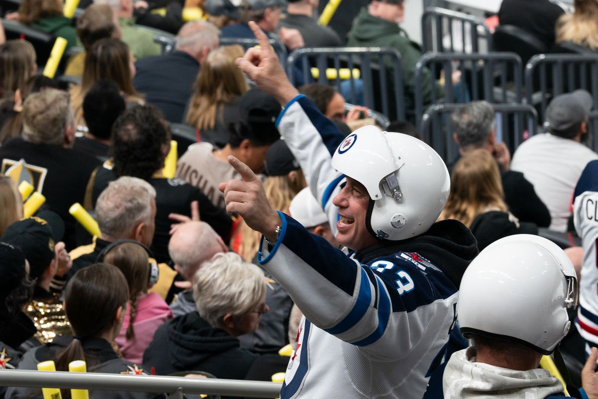 Winnipeg Jets fan reacts to a scored goal during first period of NHL game against Vegas Golden Knights on Thursday April 3, 2025 in Las Vegas.