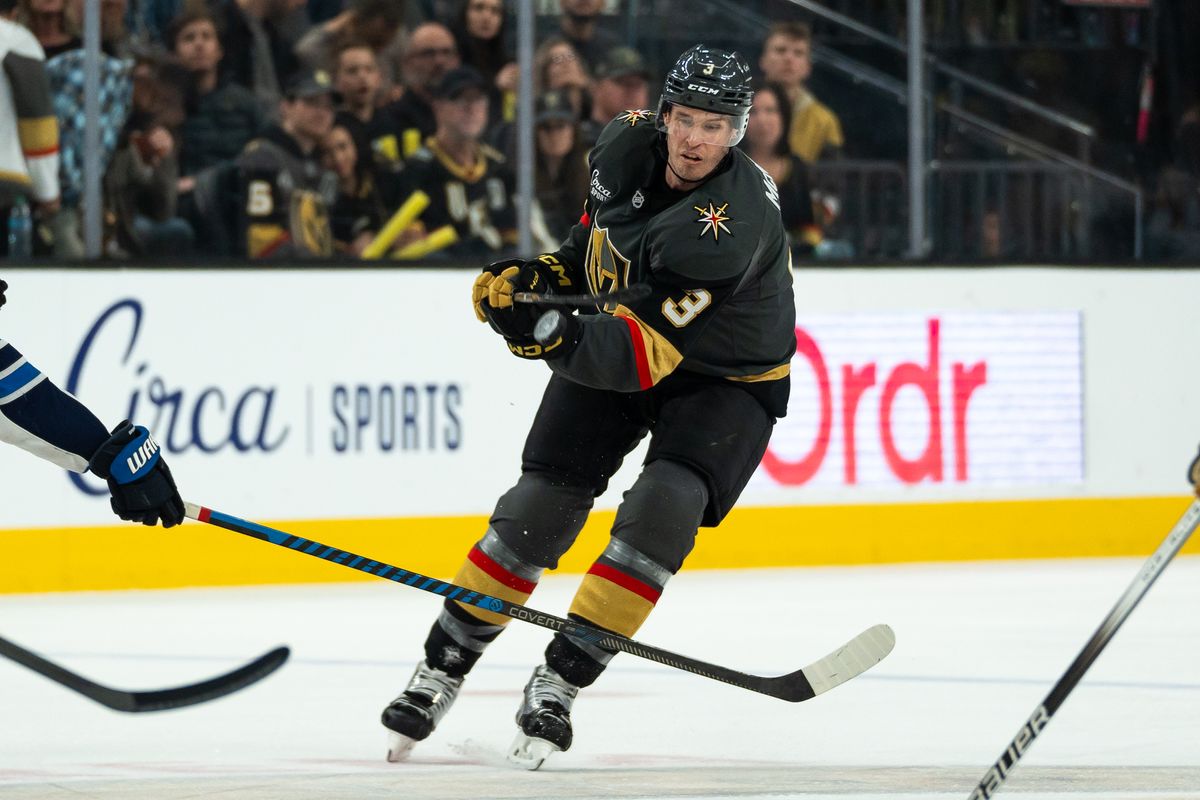 Vegas Golden Knights defenseman Brayden McNabb (3) shoots the puck towards the goal during third period of NHL game against Winnipeg Jets on Thursday April 3, 2025 in Las Vegas.