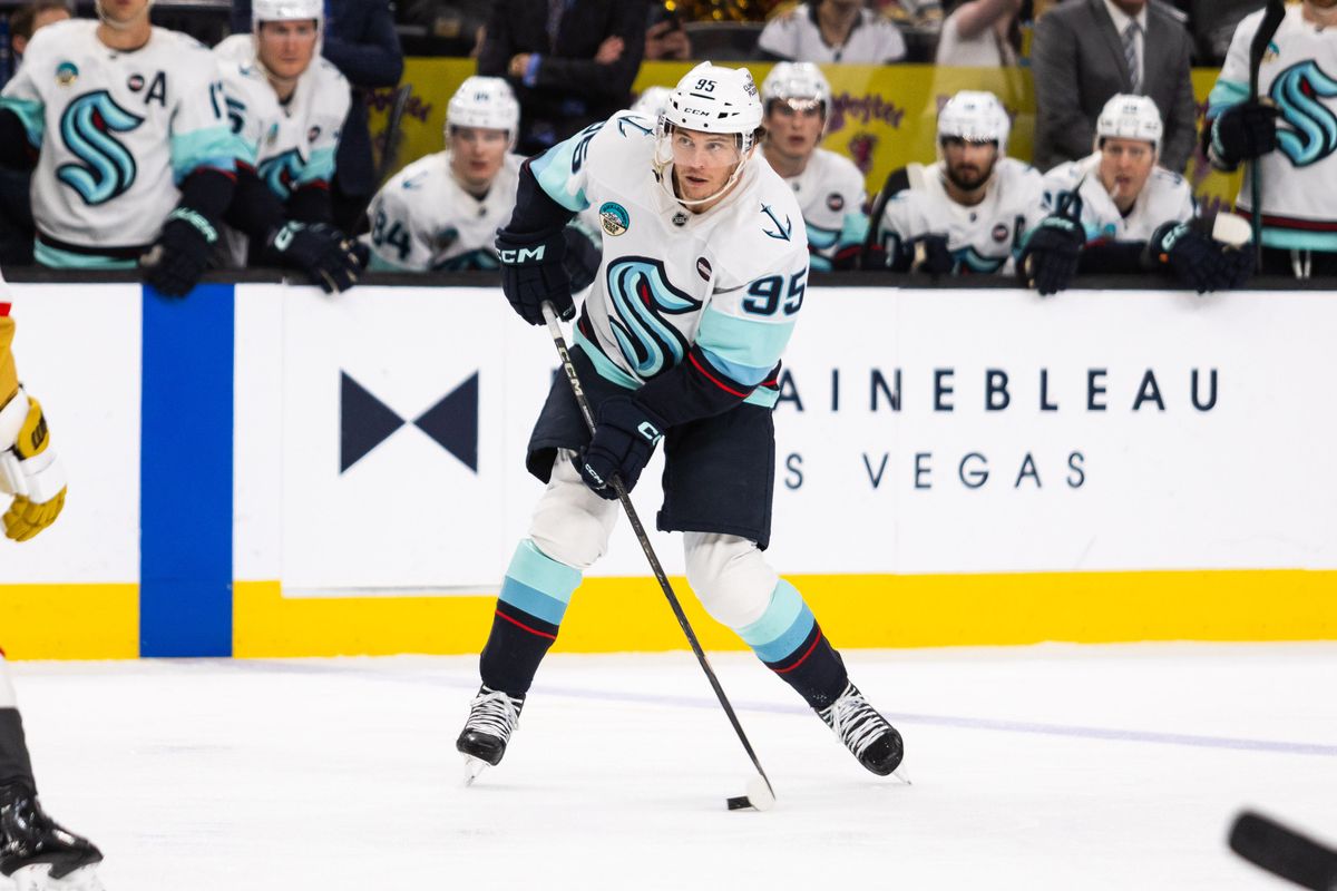 Seattle Kraken center left-wing Andre Burakovsky (95) shoots the puck during a NHL game between the Las Vegas Golden Knights and the Seattle Kraken, Thursday April 10, 2025 in Las Vegas, Nev.