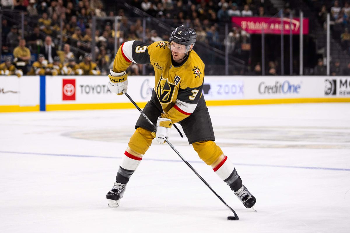 Las Vegas Golden Knights defenseman Brayden McNabb (3) shoots a slapshot during a NHL game between the Las Vegas Golden Knights and the Seattle Kraken, Thursday April 10, 2025 in Las Vegas, Nev.