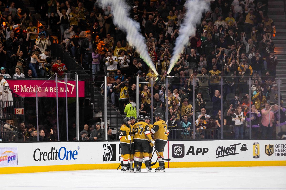Las Vegas Golden Knights celebrate after scoring a goal during a NHL game between the Las Vegas Golden Knights and the Seattle Kraken, Thursday April 10, 2025 in Las Vegas, Nev.