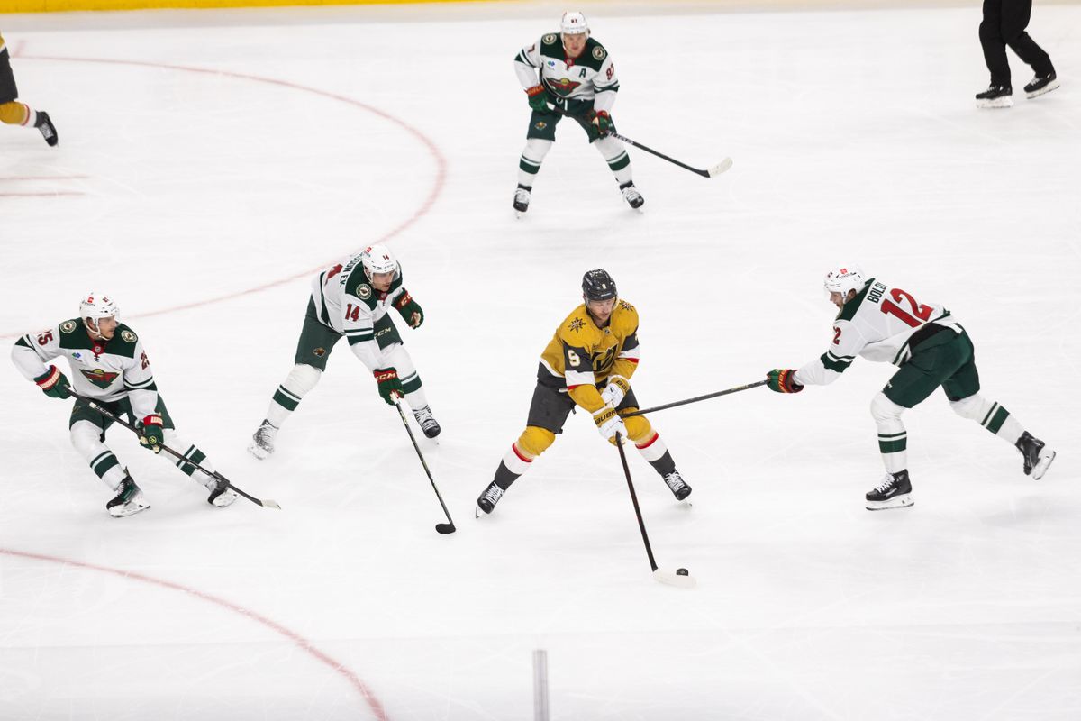 Las Vegas Golden Knights center Jack Eichel (9) is surrounded by Minnesota Wild players during a NHL playoff game between the Las Vegas Golden Knights and the Minnesota Wild, Tuesday April 22, 2025 in Las Vegas, Nev. Las Vegas Golden Knights center Jack Eichel (9) is surrounded by Minnesota Wild players during a NHL playoff game between the Las Vegas Golden Knights and the Minnesota Wild, Tuesday April 22, 2025 in Las Vegas, Nev.
