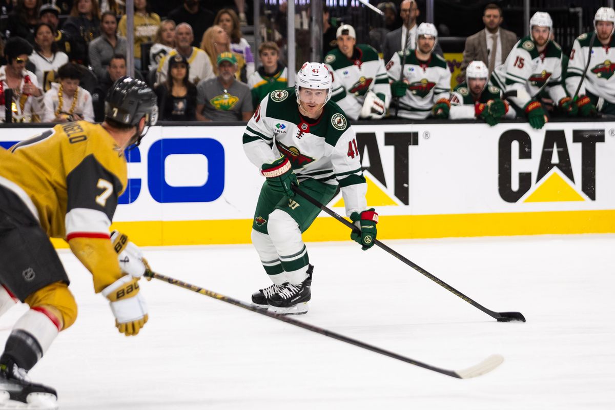 Minnesota Wild center Gustav Nyquist (41) looks to shoot the puck during a NHL playoff game between the Las Vegas Golden Knights and the Minnesota Wild, Tuesday April 22, 2025 in Las Vegas, Nev. Minnesota Wild center Gustav Nyquist (41) looks to shoot the puck during a NHL playoff game between the Las Vegas Golden Knights and the Minnesota Wild, Tuesday April 22, 2025 in Las Vegas, Nev.
