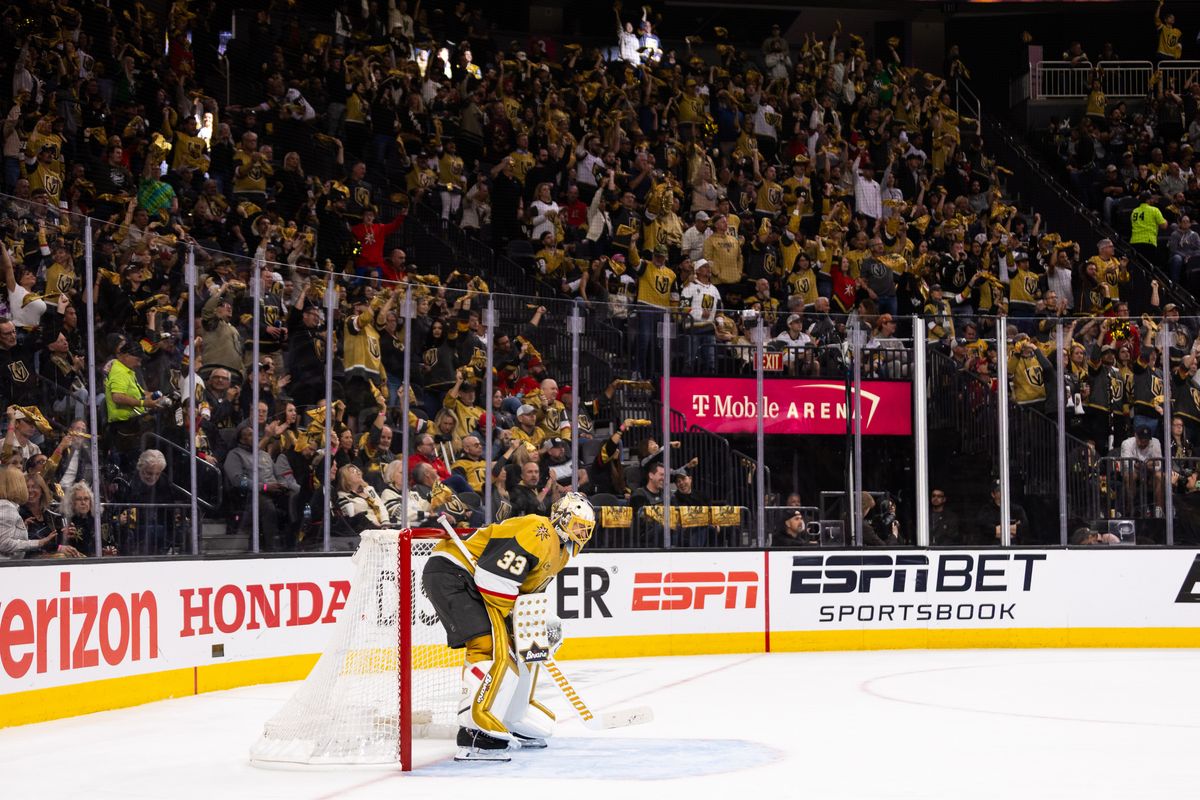 Las Vegas Golden Knights goaltender Adin Hill (33) prepares for a face-off as fans wave their rally towels during a NHL playoff game between the Las Vegas Golden Knights and the Minnesota Wild, Tuesday April 22, 2025 in Las Vegas, Nev. Las Vegas Golden Knights goaltender Adin Hill (33) prepares for a face-off as fans wave their rally towels during a NHL playoff game between the Las Vegas Golden Knights and the Minnesota Wild, Tuesday April 22, 2025 in Las Vegas, Nev.