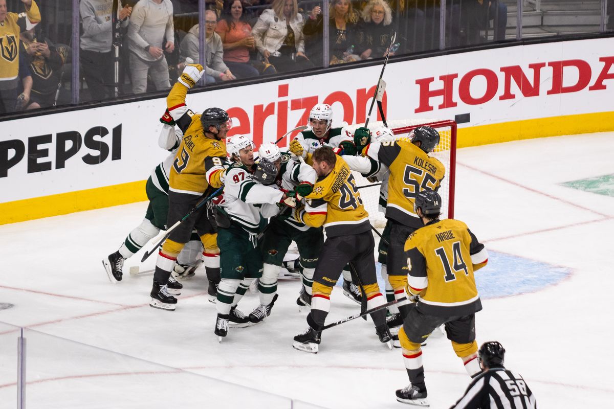 Las Vegas Golden Knights and Minnesota Wild players get into a scrum during a NHL playoff game between the Las Vegas Golden Knights and the Minnesota Wild, Tuesday April 22, 2025 in Las Vegas, Nev. Las Vegas Golden Knights and Minnesota Wild players get into a scrum during a NHL playoff game between the Las Vegas Golden Knights and the Minnesota Wild, Tuesday April 22, 2025 in Las Vegas, Nev.