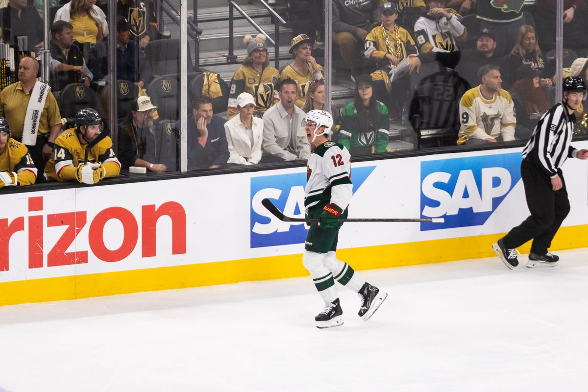 Minnesota Wild left-wing Matt Boldy (12) yells in celebration after scoring during a NHL playoff game between the Las Vegas Golden Knights and the Minnesota Wild, Tuesday April 22, 2025 in Las Vegas, Nev. Minnesota Wild left-wing Matt Boldy (12) yells in celebration after scoring during a NHL playoff game between the Las Vegas Golden Knights and the Minnesota Wild, Tuesday April 22, 2025 in Las Vegas, Nev.