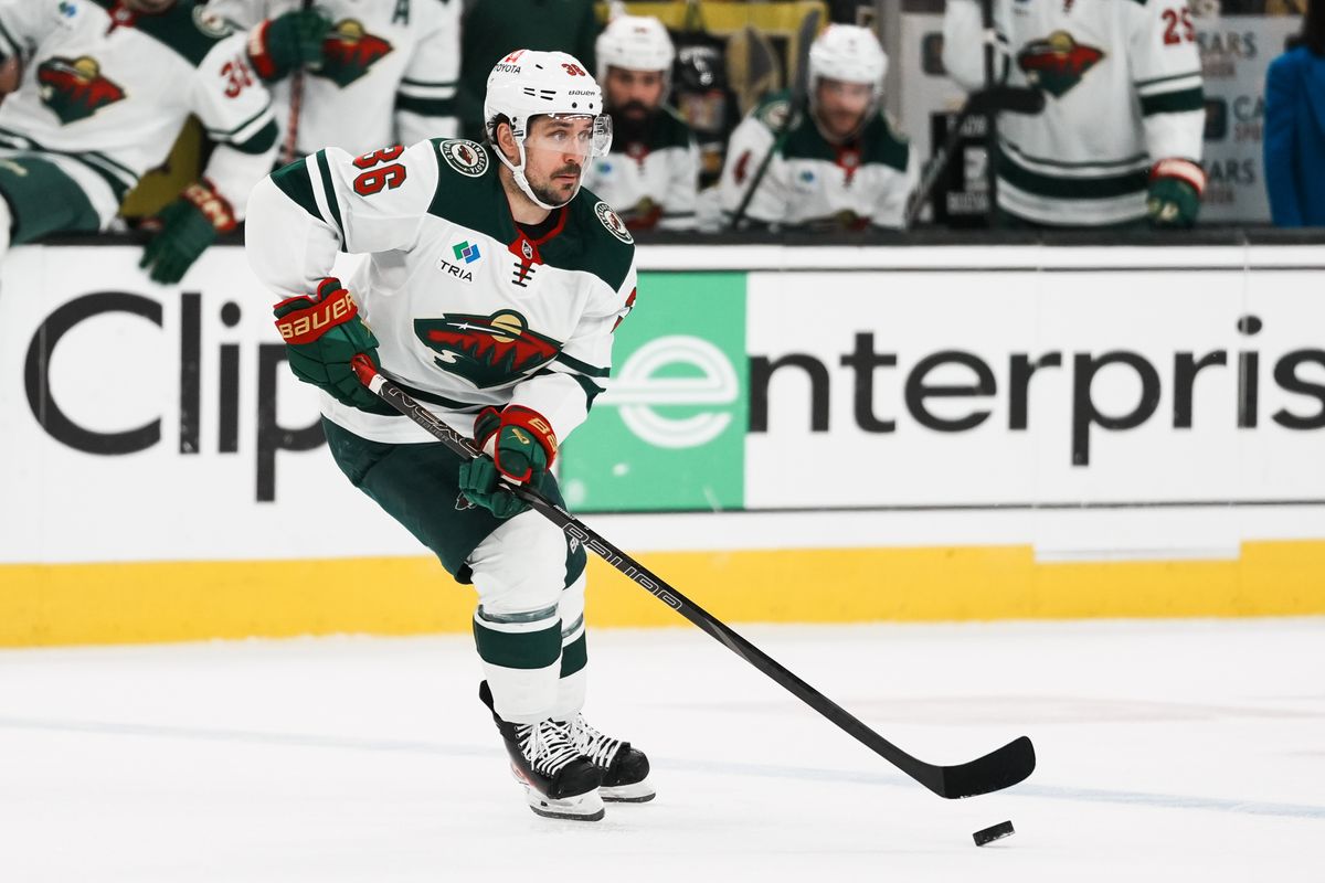Minnesota Wild right wing Ryan Hartman (36) scans the ice during second period of NHL playoff game against Vegas Golden Knights on Tuesday April 29, 2025 in Las Vegas.  y