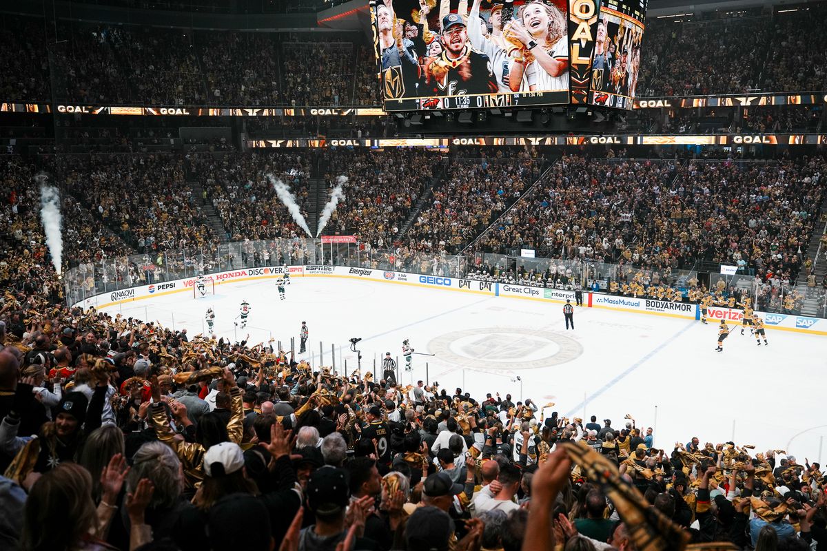 Vegas Golden Knights fans cheer after the Knights score in the first period of NHL playoff game against Minnesota Wild on Tuesday April 29, 2025 in Las Vegas.