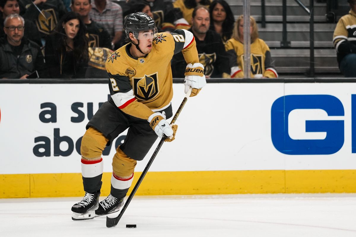 Vegas Golden Knights defenseman Zach Whitecloud (2) prepares to skate the puck down the ice during second period of NHL playoff game against Minnesota Wild on Tuesday April 29, 2025 in Las Vegas.
